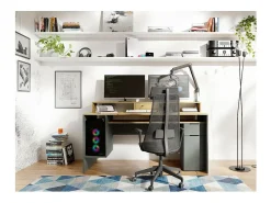 Bureau ordinateur 160cm collection ROXI coloris chêne et gris avec rangements