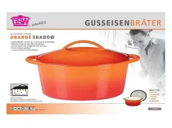 Caçarola oval em ferro fundido GSW 33x25 cm esmaltada laranja, indução, forno até 240°C, tampa a vapor