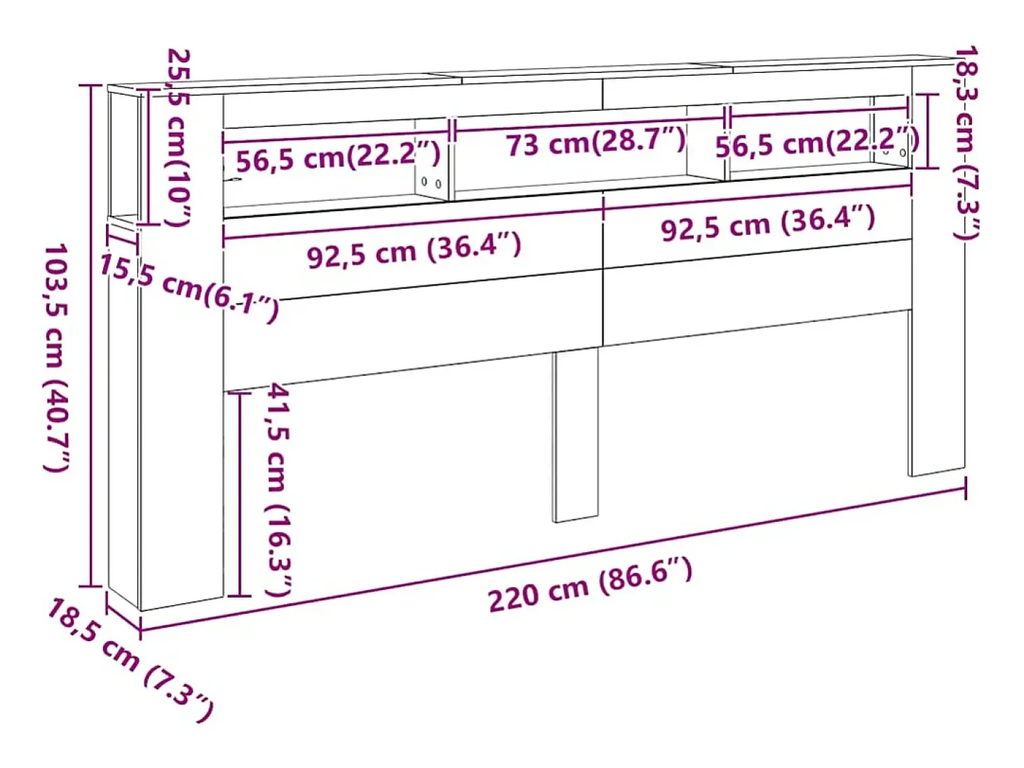 Cabeceira cama c/ LEDs 220x18,5x103,5 cm deriv. madeira branco