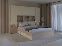Cabeceira com compartimentos com leds L266 cm bege e natural - DOMELITO