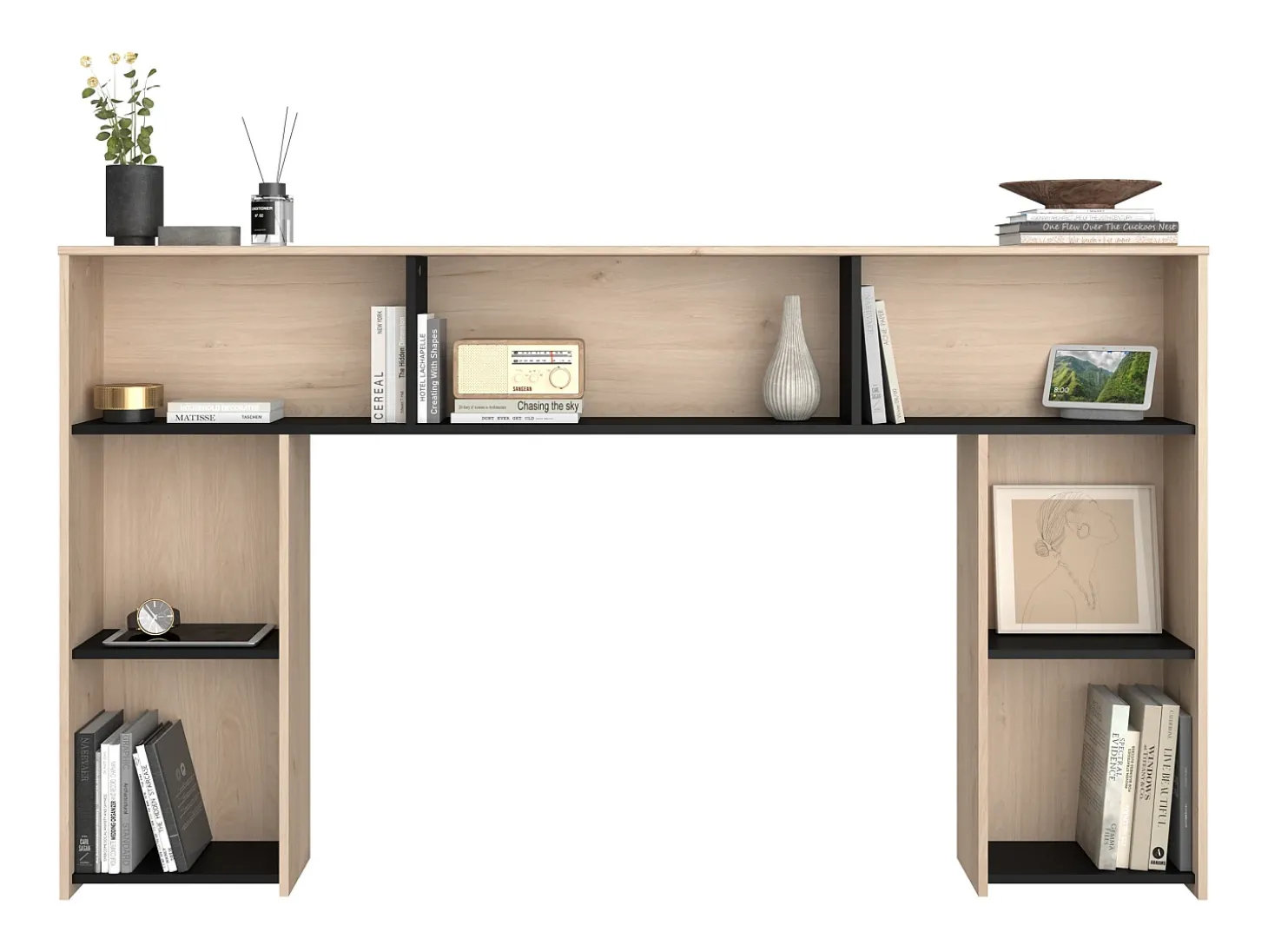 Cabeceira de cama com arrumação 140 cm cor natural e preto - KINSELIA