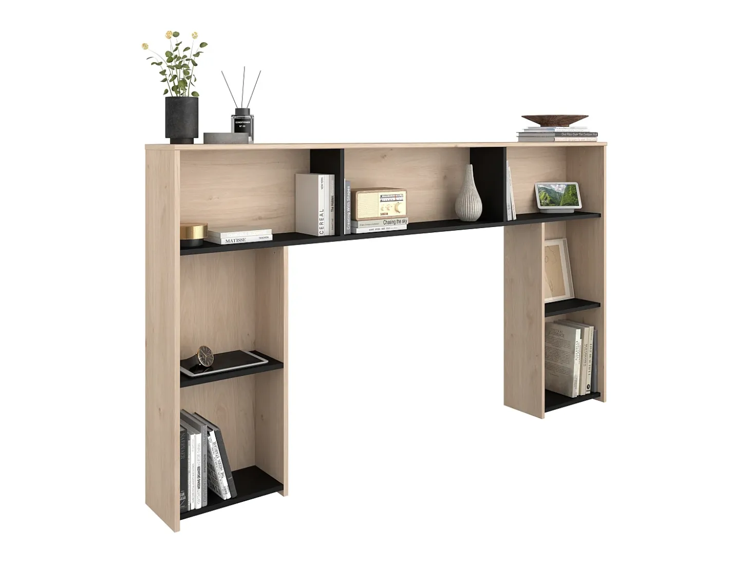 Cabeceira de cama com arrumação 140 cm cor natural e preto - KINSELIA