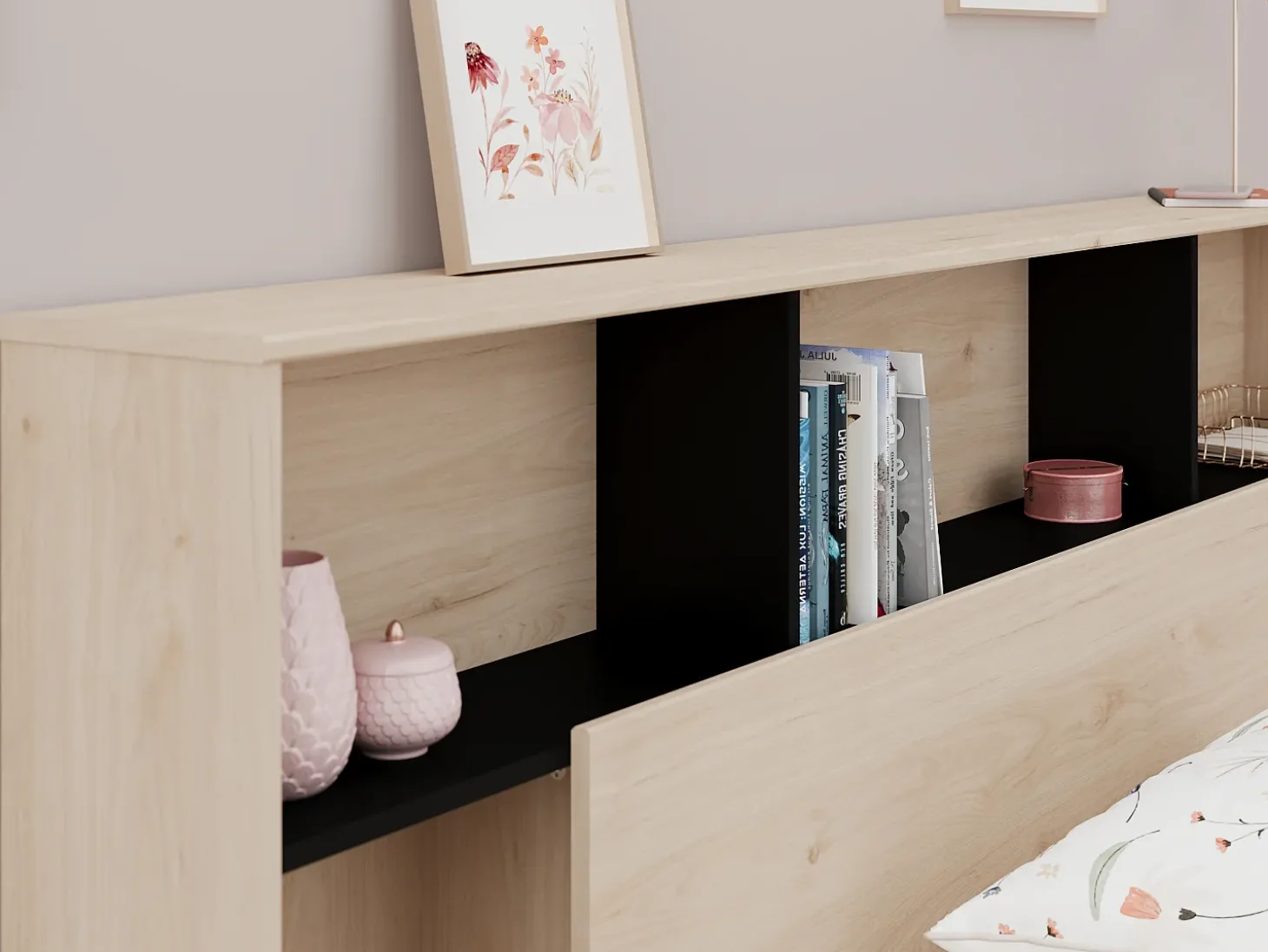 Cabeceira de cama com arrumação 140 cm cor natural e preto - KINSELIA