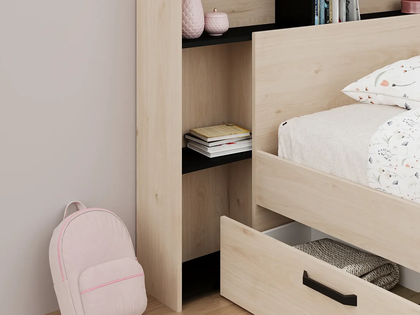 Cabeceira de cama com arrumação 140 cm cor natural e preto - KINSELIA