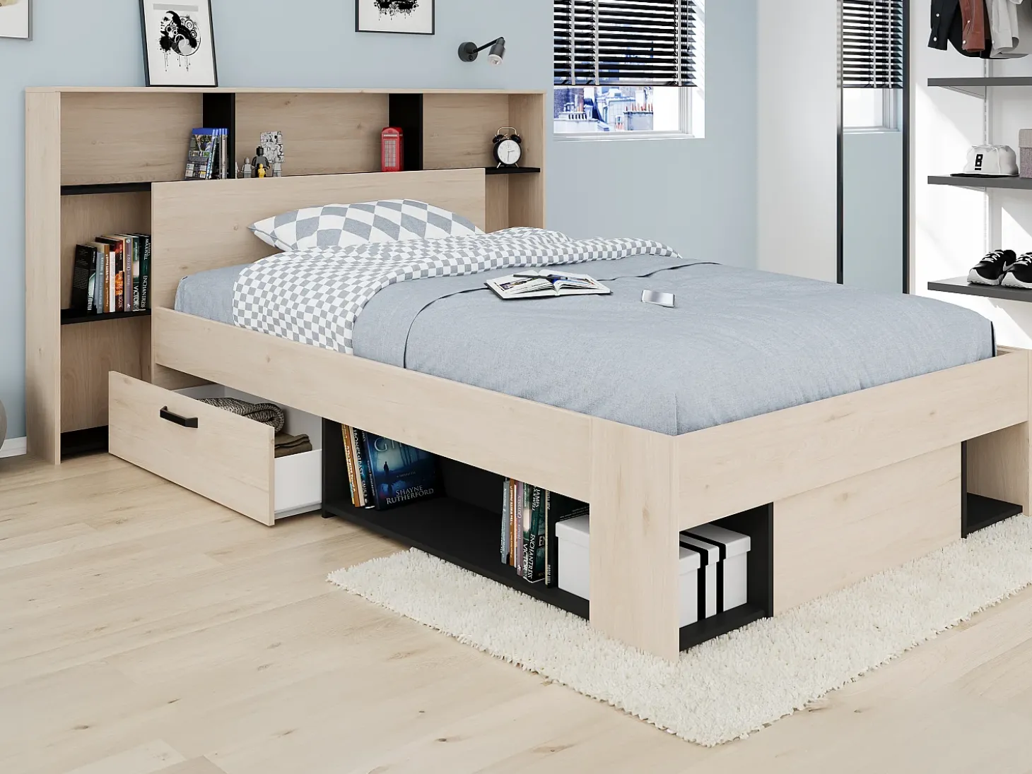 Cabeceira de cama com arrumação 140 cm cor natural e preto - KINSELIA