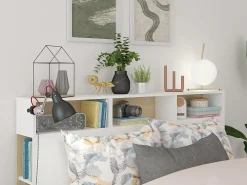 Cabeceira de cama com espaços de arrumação 160 cm cor branca e carvalho. NASTIA
