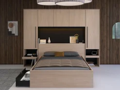 Cabeceira de cama com guarda-roupa e LEDs C265 cm cor natural e preto - VELONA