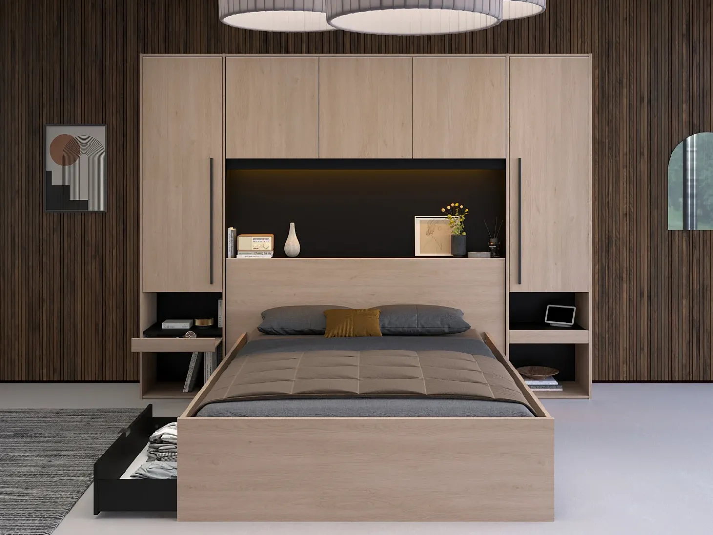 Cabeceira de cama com guarda-roupa e LEDs C265 cm cor natural e preto - VELONA
