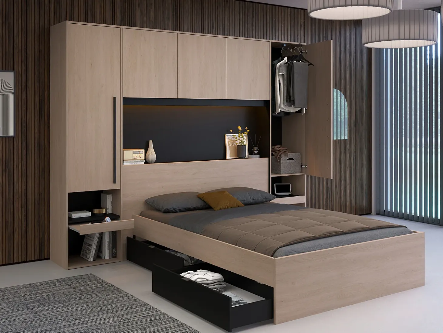 Cabeceira de cama com guarda-roupa e LEDs C265 cm cor natural e preto - VELONA
