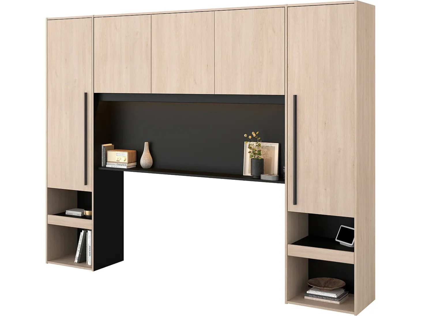 Cabeceira de cama com guarda-roupa e LEDs C265 cm cor natural e preto - VELONA