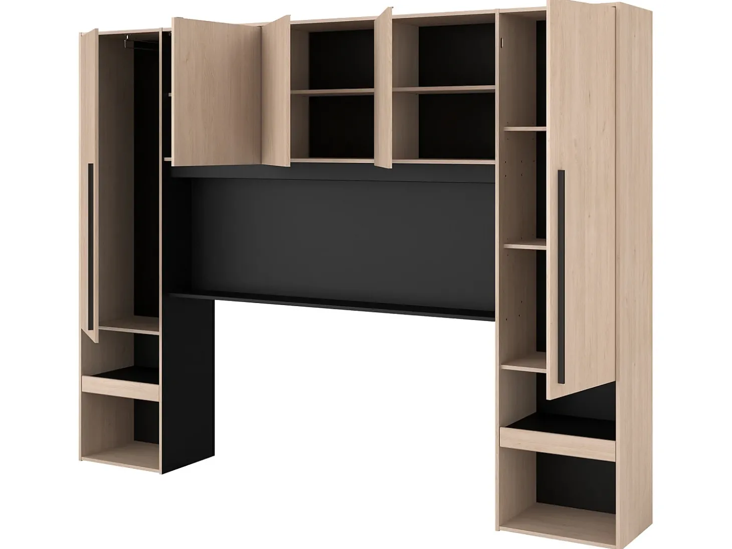 Cabeceira de cama com guarda-roupa e LEDs C265 cm cor natural e preto - VELONA