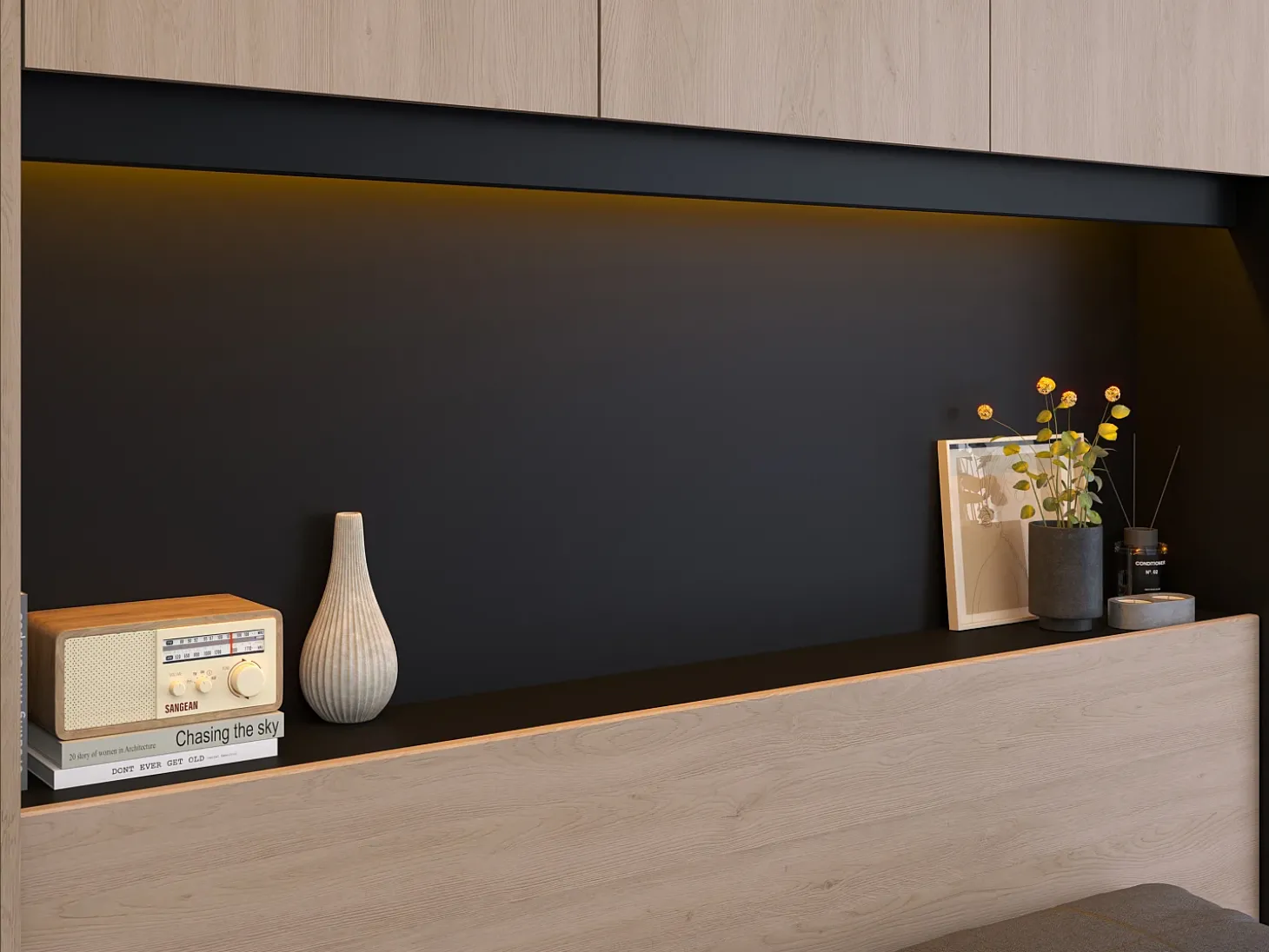 Cabeceira de cama com guarda-roupa e LEDs C265 cm cor natural e preto - VELONA