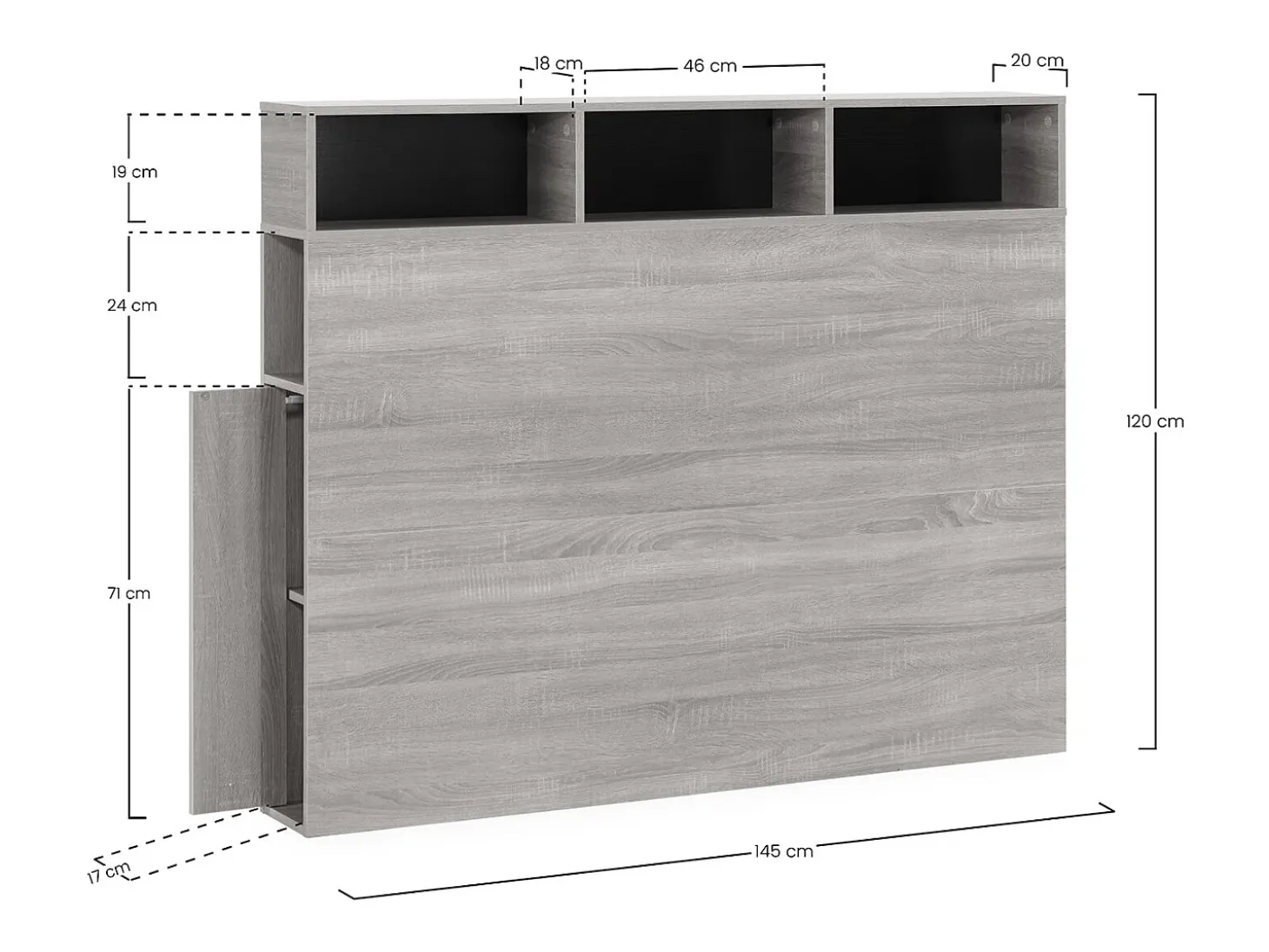 Cabeceira de cama Zeus 145 cm com armazenamento carvalho, 2 portas e 9 furos