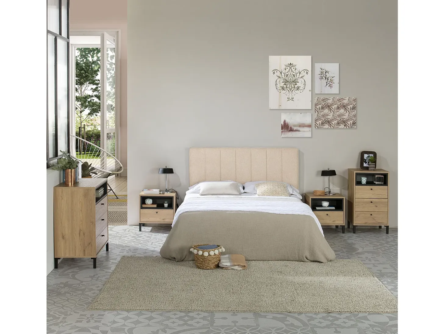Cabeceira estofada Creta 160x60 cm Cor Bege, Acolchoada com Espuma, Bordado Vertical, 8 cm de Espessura