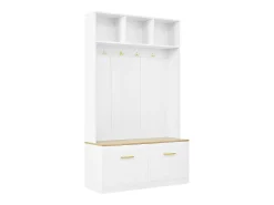 Cabide branco para hall de entrada com banco, 4 ganchos e 2 portas, 105×40×180 cm