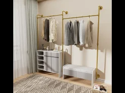Cabide de parede em metal dourado, varão para pendurar, cabideiro 205x190cm
