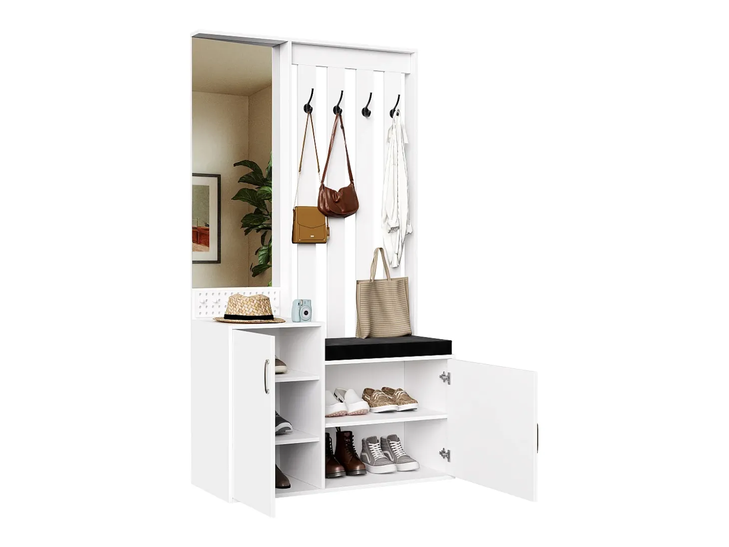 Cabideiro 6 em 1 - Espelho, Banco Estofado, Sapateira, Ganchos, Design Moderno Branco