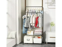 Cabideiro com rodas, cabideiro duplo resistente com 2 prateleiras, multifuncional 80,5x51x155cm