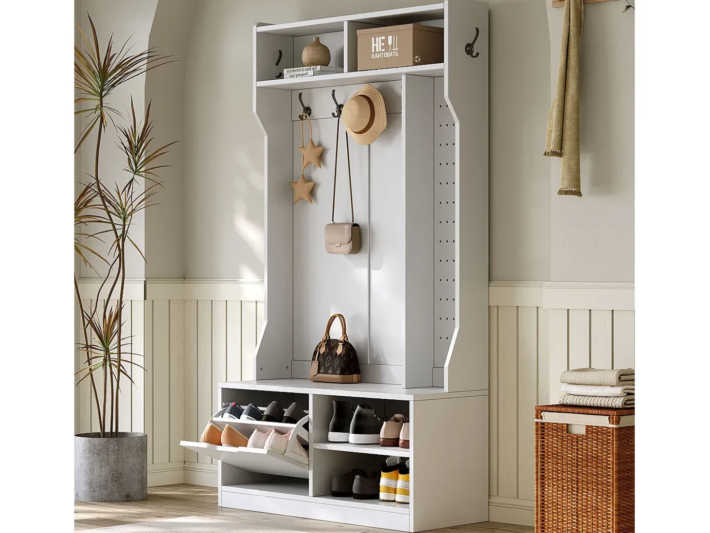 Cabideiro de entrada moderno 100x40x185.4cm - com 6 ganchos e 1 porta - com 4 prateleiras abertas - Branco