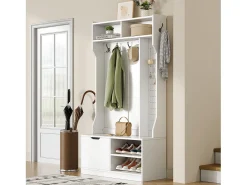Cabideiro de entrada moderno 100x40x185.4cm - com 6 ganchos e 1 porta - com 4 prateleiras abertas - Branco