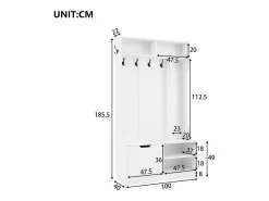 Cabideiro de entrada moderno 100x40x185.4cm - com 6 ganchos e 1 porta - com 4 prateleiras abertas - Branco