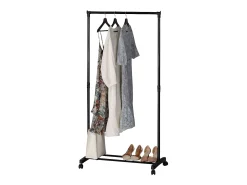 Cabideiro de metal com rodas e 2 barras, preto, 75x157x42 cm
