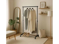 Cabideiro de metal com rodas e 2 barras, preto, 75x157x42 cm