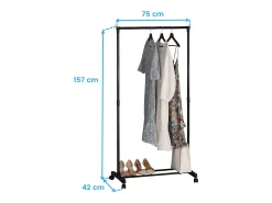 Cabideiro de metal com rodas e 2 barras, preto, 75x157x42 cm