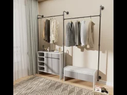 Cabideiro de parede para vestiário, cabideiro industrial para roupas, guarda-roupa aberto, design em tubos 205x190cm