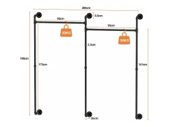 Cabideiro de parede para vestiário, cabideiro industrial para roupas, guarda-roupa aberto, design em tubos 205x190cm
