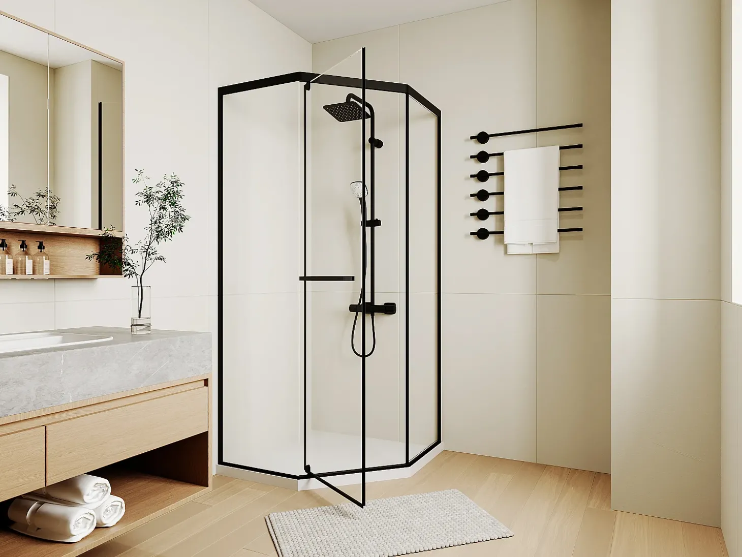 Cabine de chuveiro pentagonal com base, preto mate, 80 x 80 x 195 cm CRISTELIO