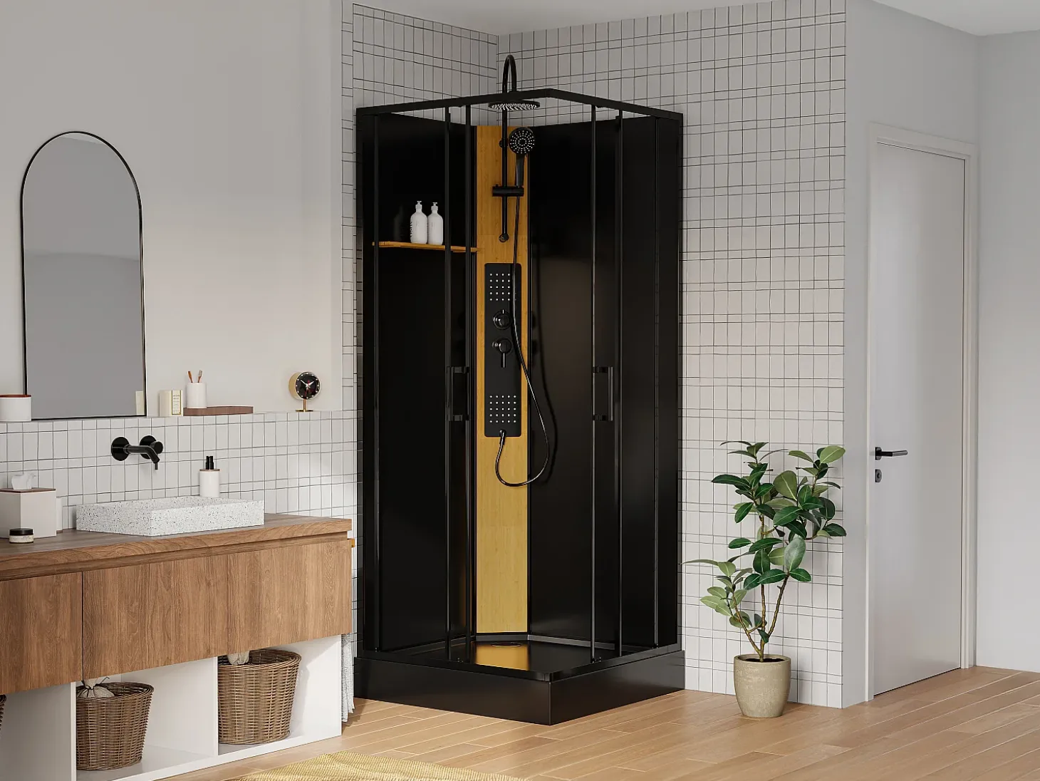 Cabine de duche de hidromassagem com painel em bambu C90xL90xA225 cm - DESULO