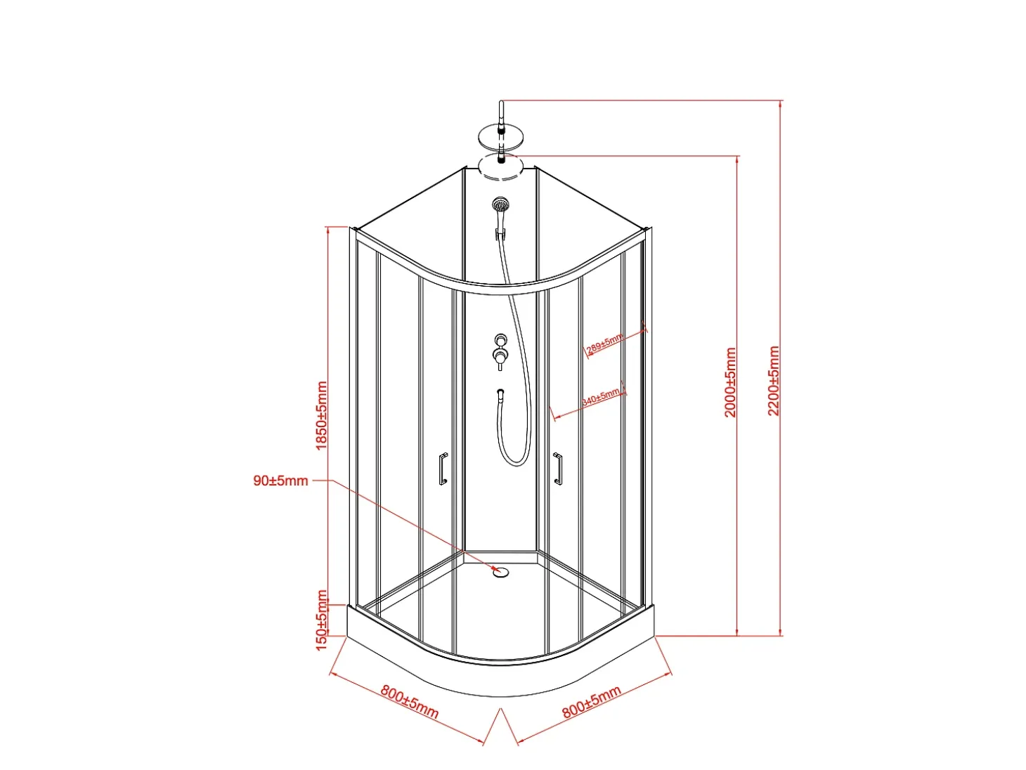 Cabine de duche em quarto de círculo, altura ajustável, C80 x L80 x A213/232 cm ROVATA