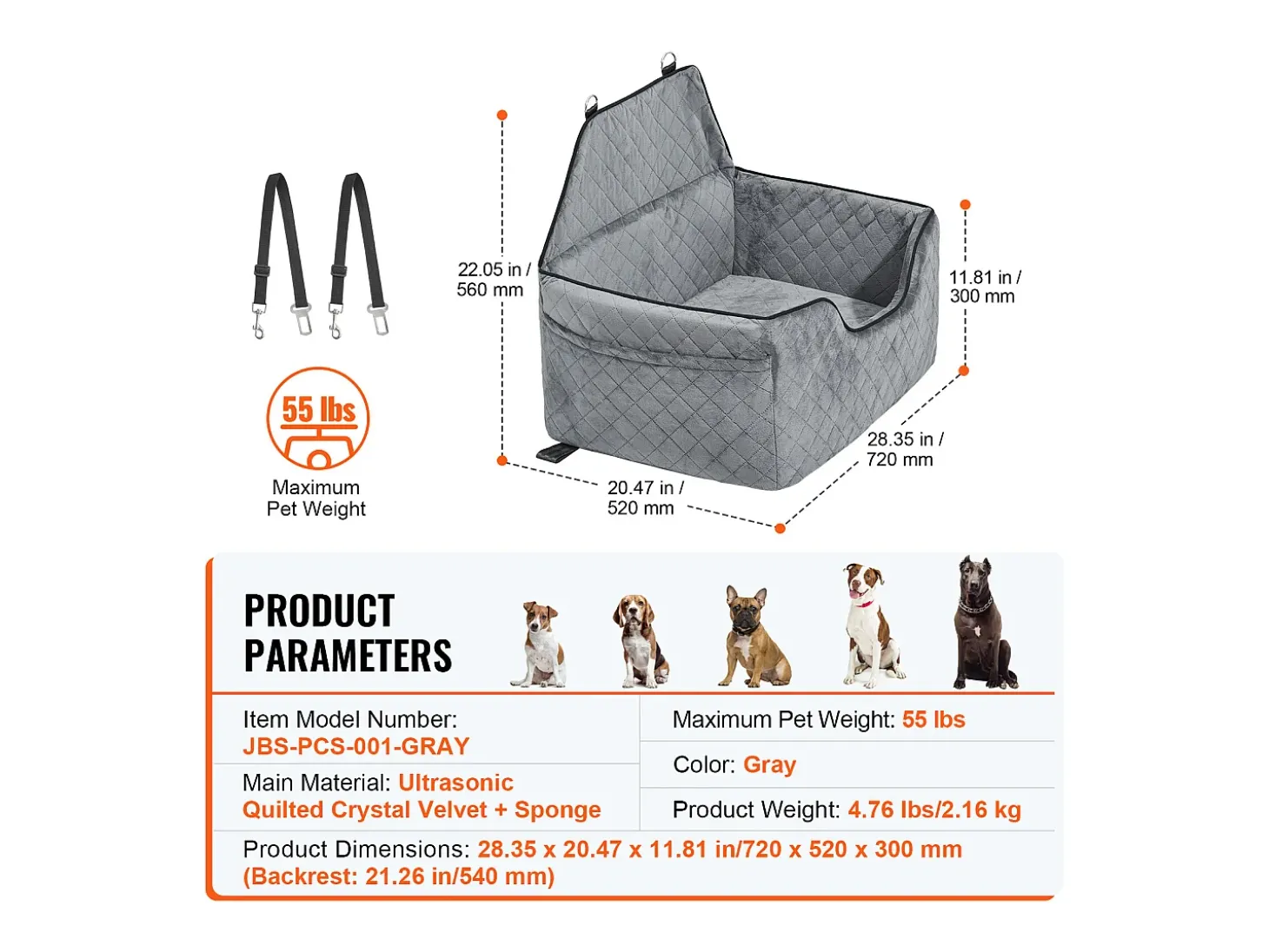 Cadeira Auto para Cães SucceBuy, Tamanho Médio/Grande (Até 25 kg), Cor Cinzenta
