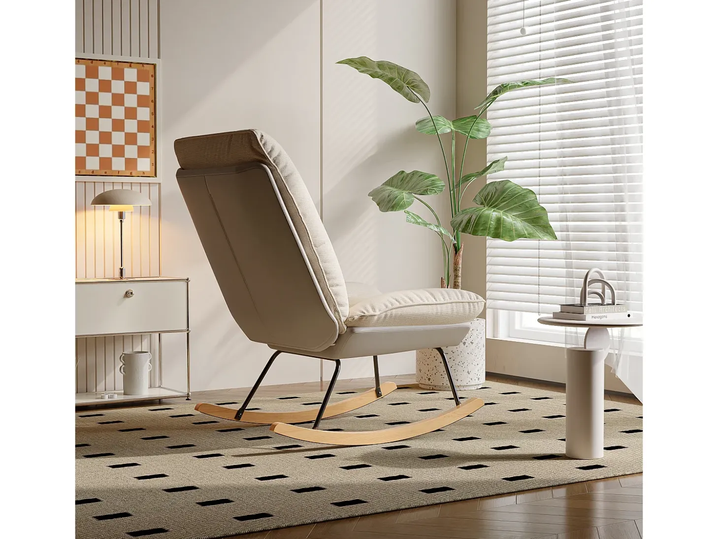 Cadeira de balanço, cadeira de amamentação, pés de madeira maciça, para sala de estar, bege + cinza, 77x90x98 cm