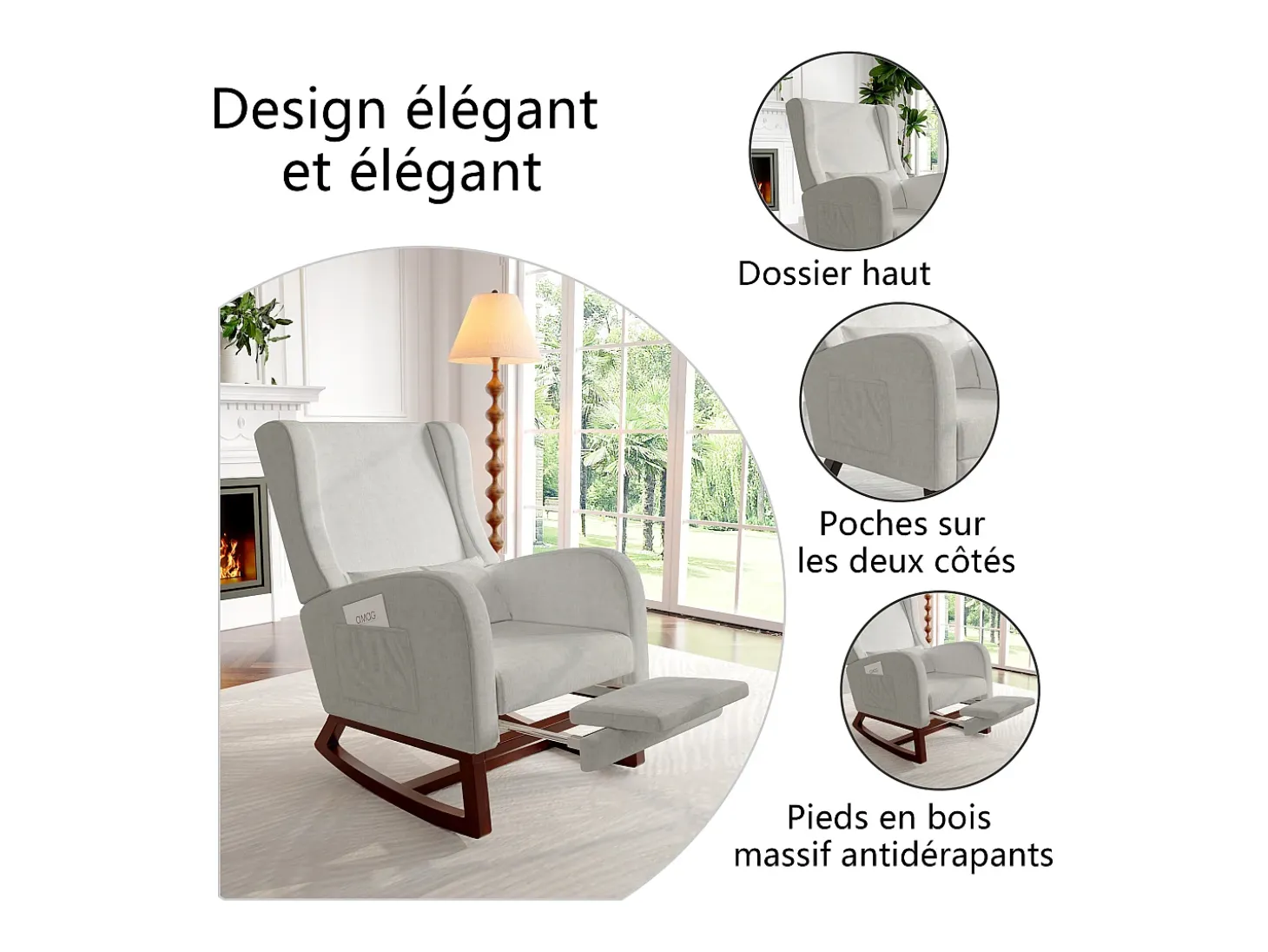 Cadeira de balanço com apoio de pernas retrátil e encosto alto em madeira maciça - Cadeira de balanço para sala de estar e quarto, carga até 150 kg - Cinza