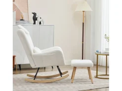 Cadeira de balanço com apoio para os pés - 73 x 92 x 102 cm - Apoios de braços e apoio de cabeça - Tecido de veludo Teddy - Branco