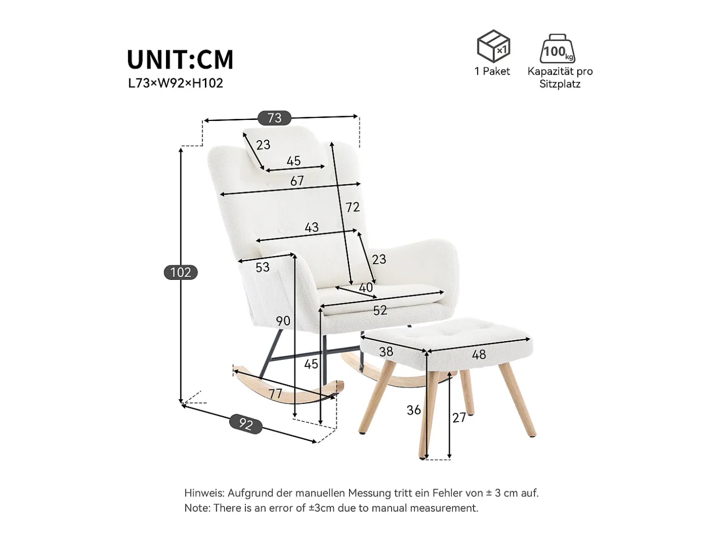 Cadeira de balanço com apoio para os pés - 73 x 92 x 102 cm - Apoios de braços e apoio de cabeça - Tecido de veludo Teddy - Branco