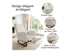 Cadeira de balanço de madeira maciça com apoio de pernas retrátil e encosto alto - Cadeira de balanço para sala de estar e quarto - Até 150 kg - Bege
