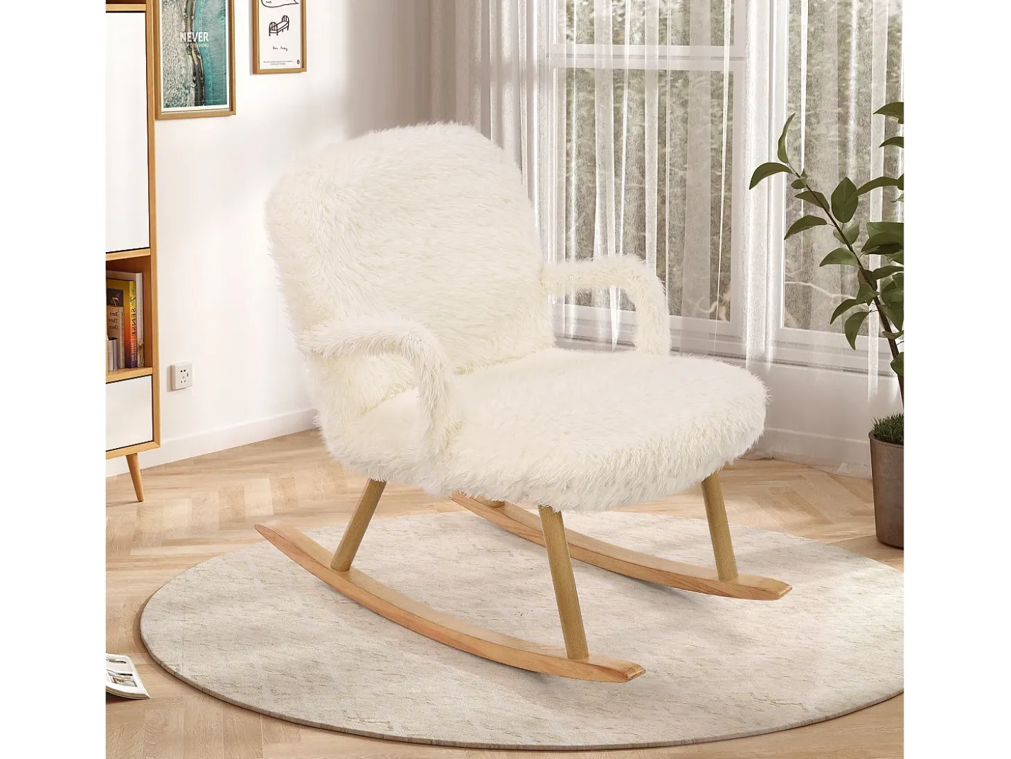 Cadeira de balanço de pelúcia Teddy - Cadeira de balanço confortável com apoio para os pés e pernas de madeira maciça - 65 x 96,5 x 85 cm - Branca