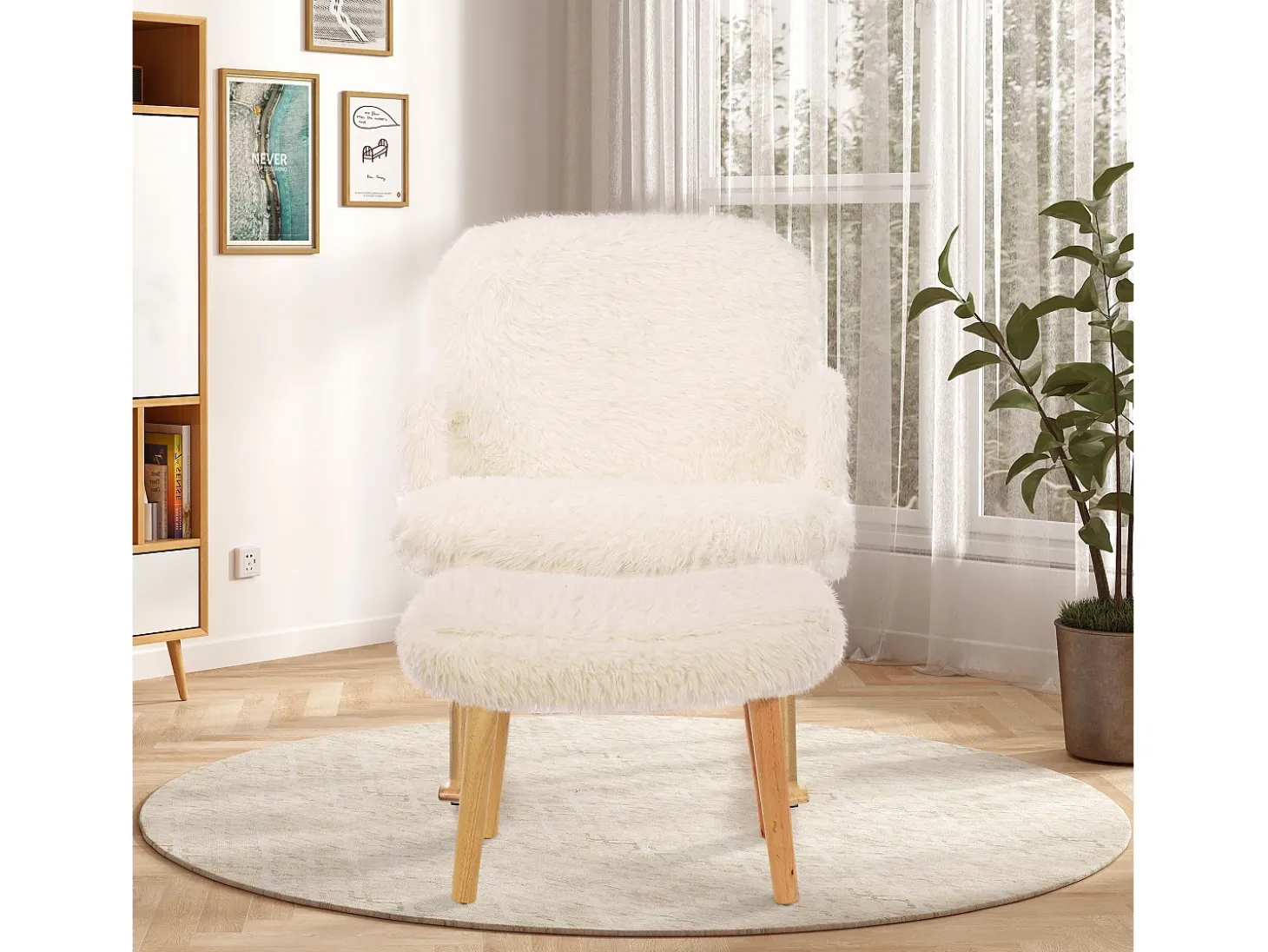 Cadeira de balanço de pelúcia Teddy - Cadeira de balanço confortável com apoio para os pés e pernas de madeira maciça - 65 x 96,5 x 85 cm - Branca