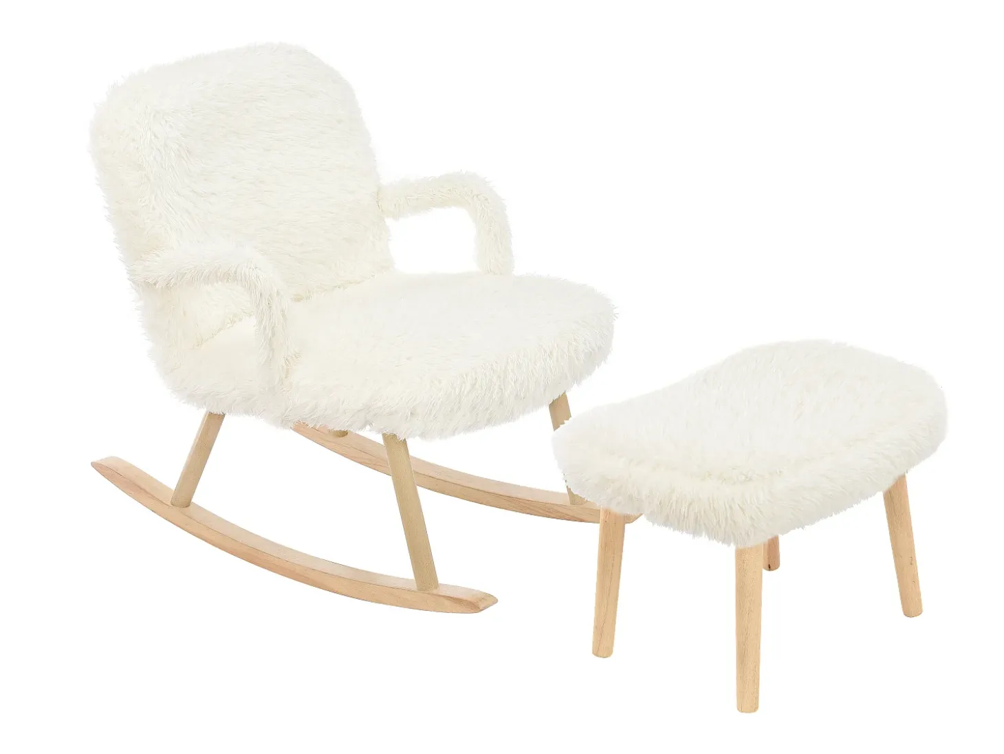 Cadeira de balanço de pelúcia Teddy - Cadeira de balanço confortável com apoio para os pés e pernas de madeira maciça - 65 x 96,5 x 85 cm - Branca
