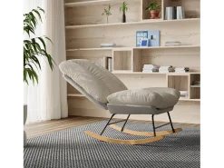 Cadeira de balanço ergonômica com almofada bege e estrutura cinza, estofada em tecido de linho e couro sintético.