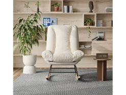 Cadeira de balanço ergonômica com almofada bege e estrutura cinza, estofada em tecido de linho e couro sintético.