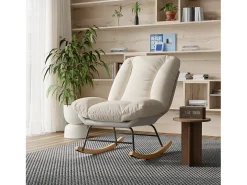 Cadeira de balanço ergonômica com almofada bege e estrutura cinza, estofada em tecido de linho e couro sintético.