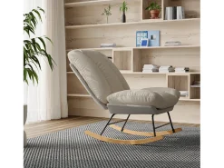 Cadeira de balanço ergonômica com almofada bege e estrutura cinza, estofada em tecido de linho e couro sintético.