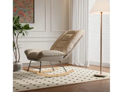Cadeira de balanço ergonômica com almofada bege e estrutura cinza, design moderno em tecido/couro sintético.