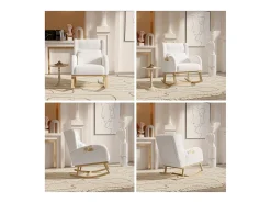 Cadeira de balanço estofada em tecido bouclé com apoio lombar e pernas de madeira, branca