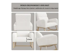 Cadeira de balanço, poltrona com almofada acolchoada, bolso lateral e apoios de braço, linho, branca