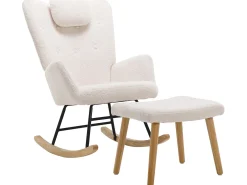 Cadeira de baloiço - cadeira de relaxamento para sala - almofadada com peluche Teddy - com apoio de cabeça e apoio para os pés - base em madeira - branca